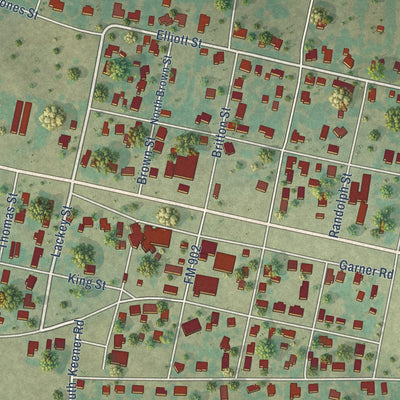 Close-up of the map of Tom Bean, Texas print showing street and building detail