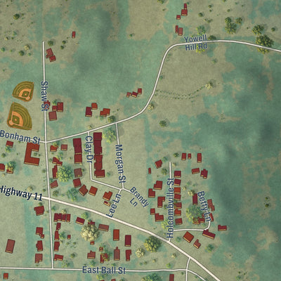Second close-up of the map of Tom Bean, Texas print showing more streets and buildings