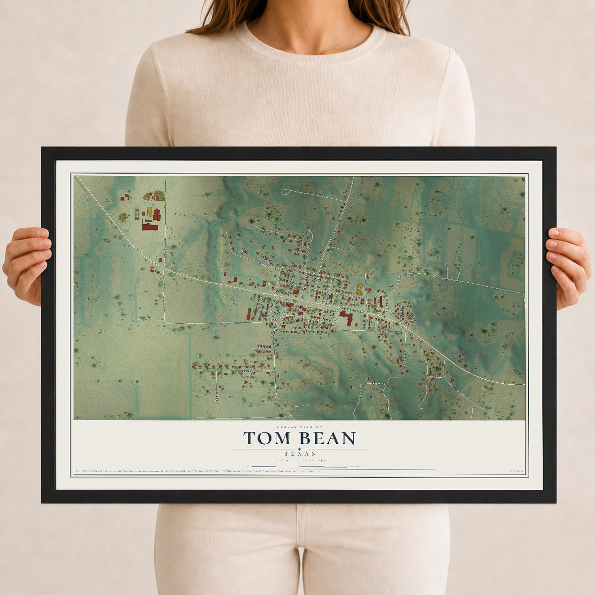 Map of Tom Bean, Texas, 12 x 18 inch print in a black wood frame