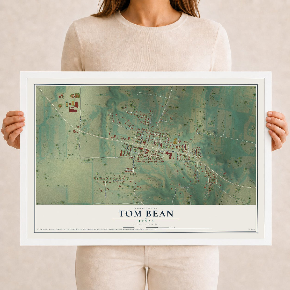 Map of Tom Bean, Texas, 12 x 18 inch print in a white wood frame