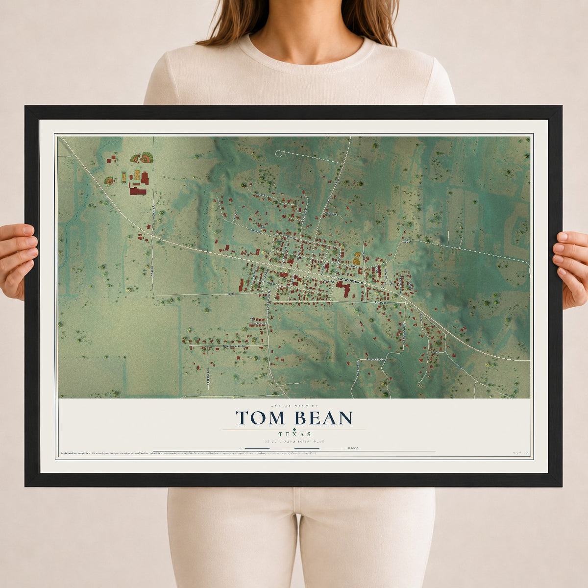 Map of Tom Bean, Texas, 18 x 24 inch print in a black wood frame