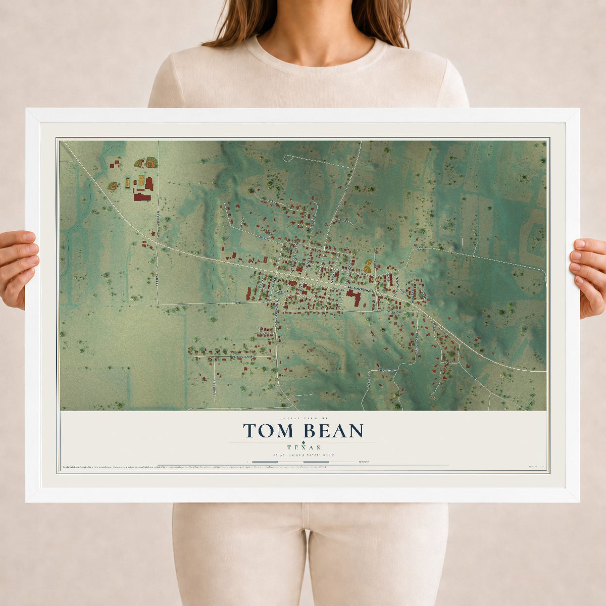 Map of Tom Bean, Texas, 18 x 24 inch print in a white wood frame