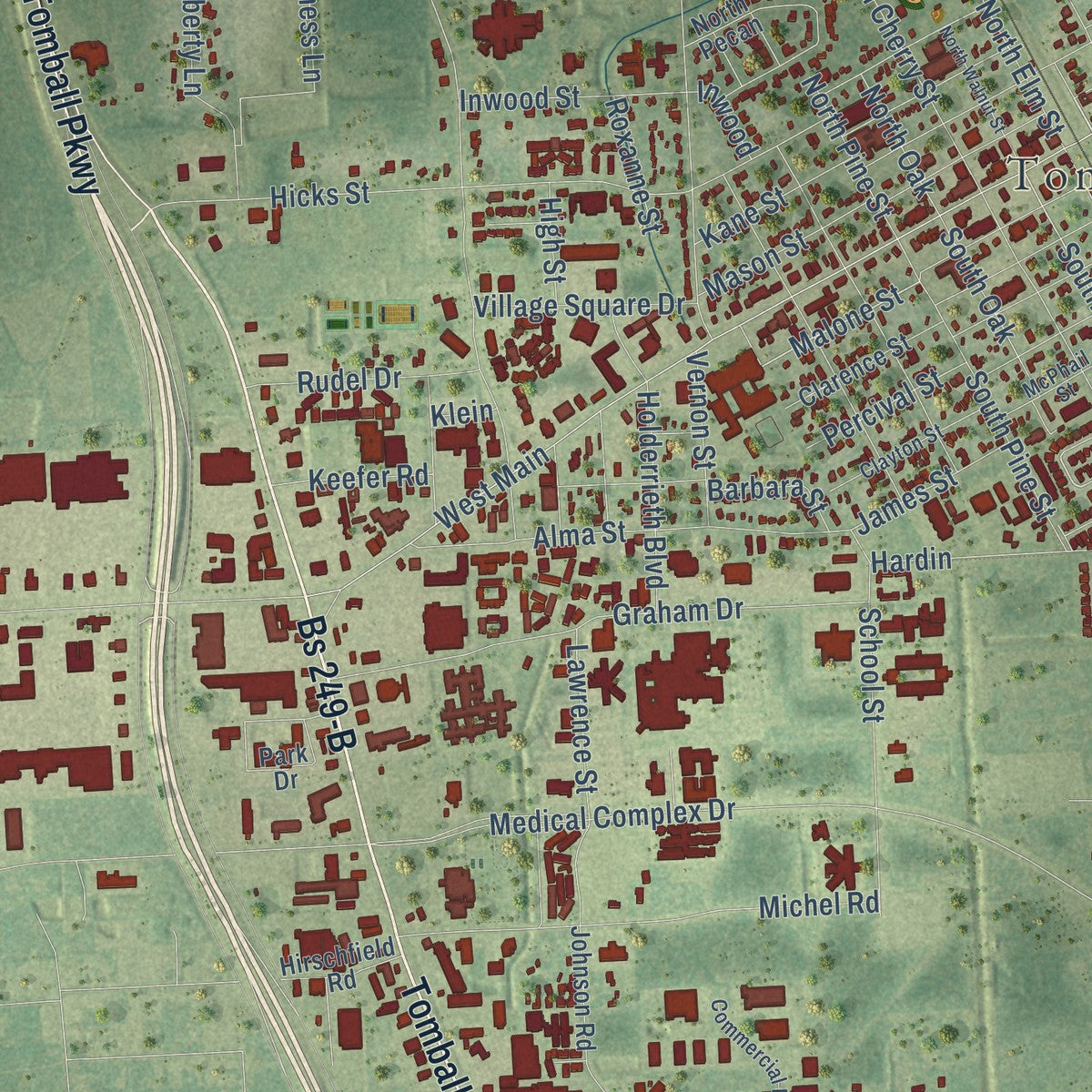 Close-up of the map of Tomball, Texas print showing street and building detail