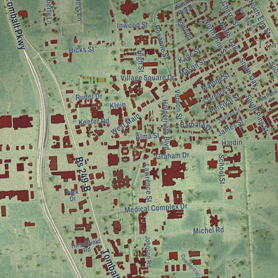 Close-up of the map of Tomball, Texas print showing street and building detail