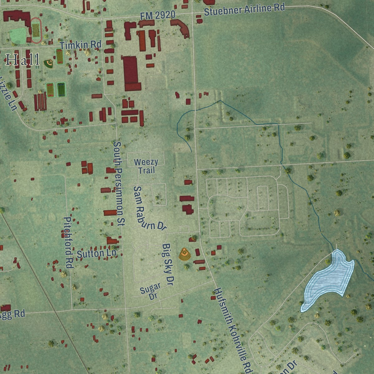 Second close-up of the map of Tomball, Texas print showing more streets and buildings