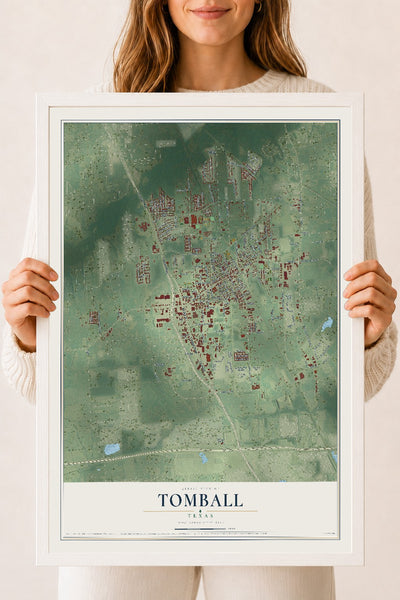 Map of Tomball, Texas, 18 x 24 inch print in a white wood frame