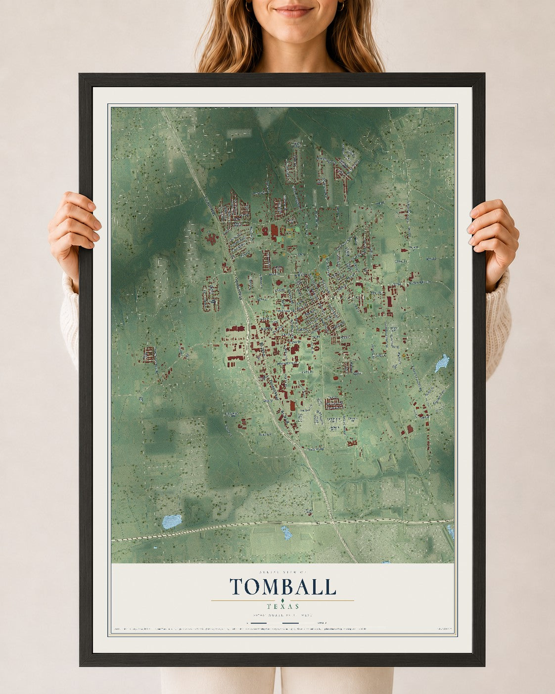 Map of Tomball, Texas, 24 x 36 inch print in a black wood frame
