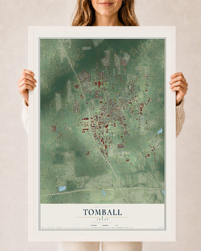 Map of Tomball, Texas, 24 x 36 inch print in a white wood frame