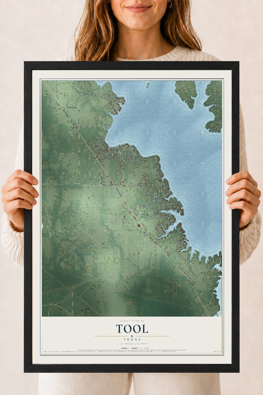Map of Tool, Texas, 18 x 24 inch print in a black wood frame