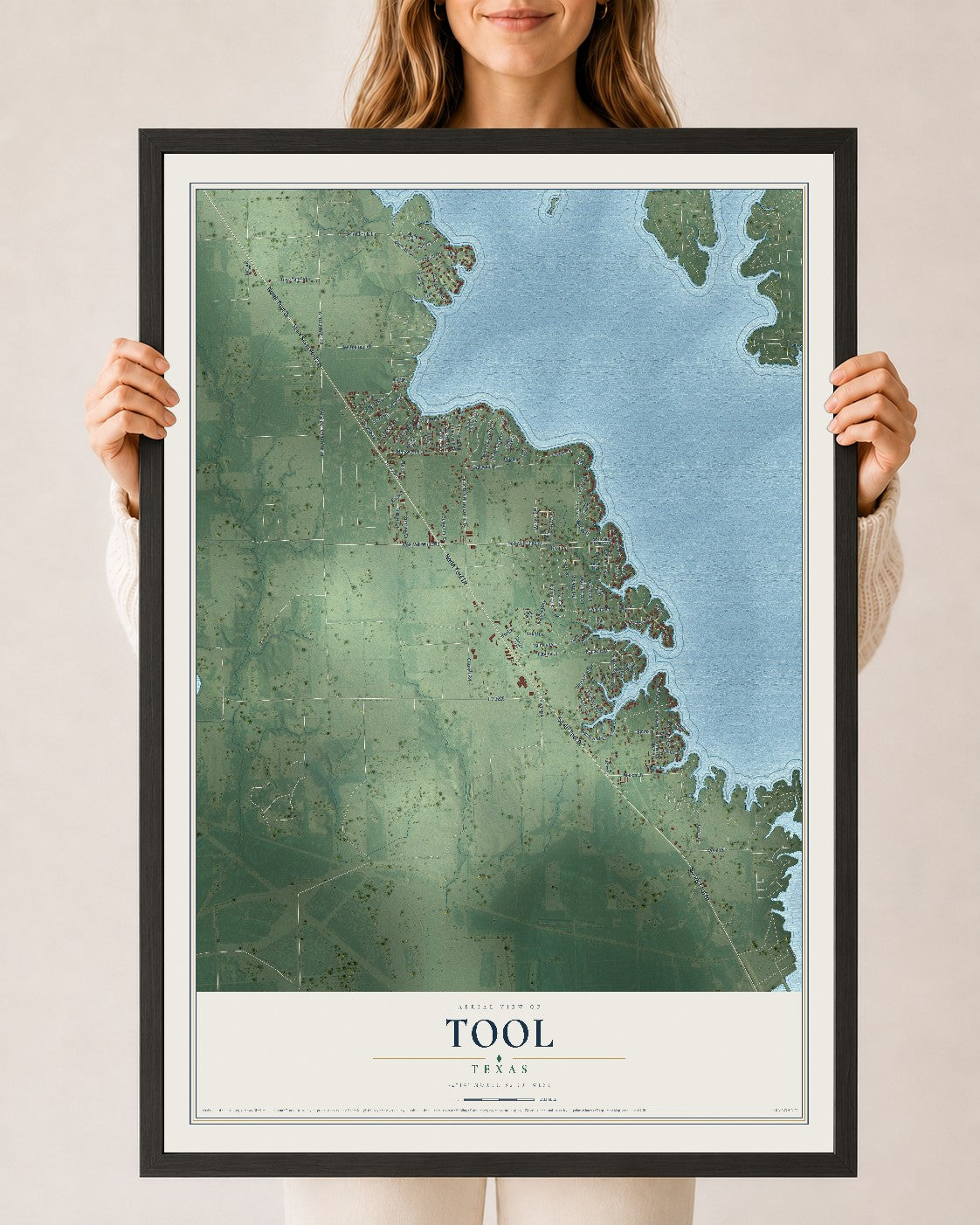Map of Tool, Texas, 24 x 36 inch print in a black wood frame