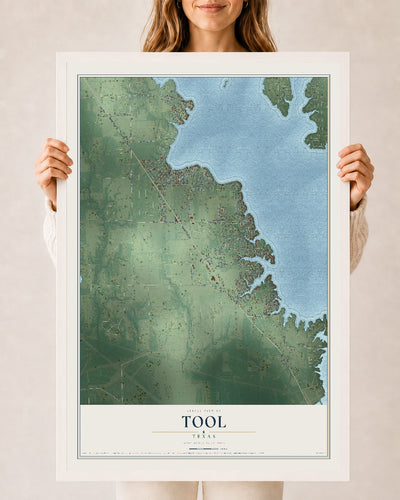 Map of Tool, Texas, 24 x 36 inch print in a white wood frame