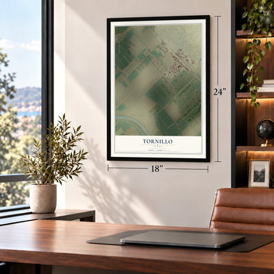Tornillo, Texas map, 18 x 24 inch print in a black frame in a home office
