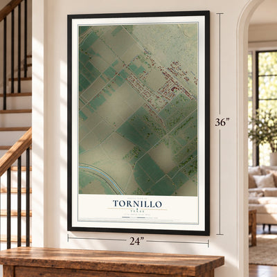 Tornillo, Texas map, 24 x 36 inch print in a black frame by a staircase