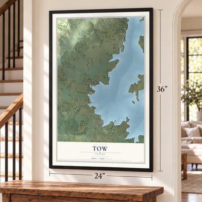 Tow, Texas map, 24 x 36 inch print in a black frame by a staircase