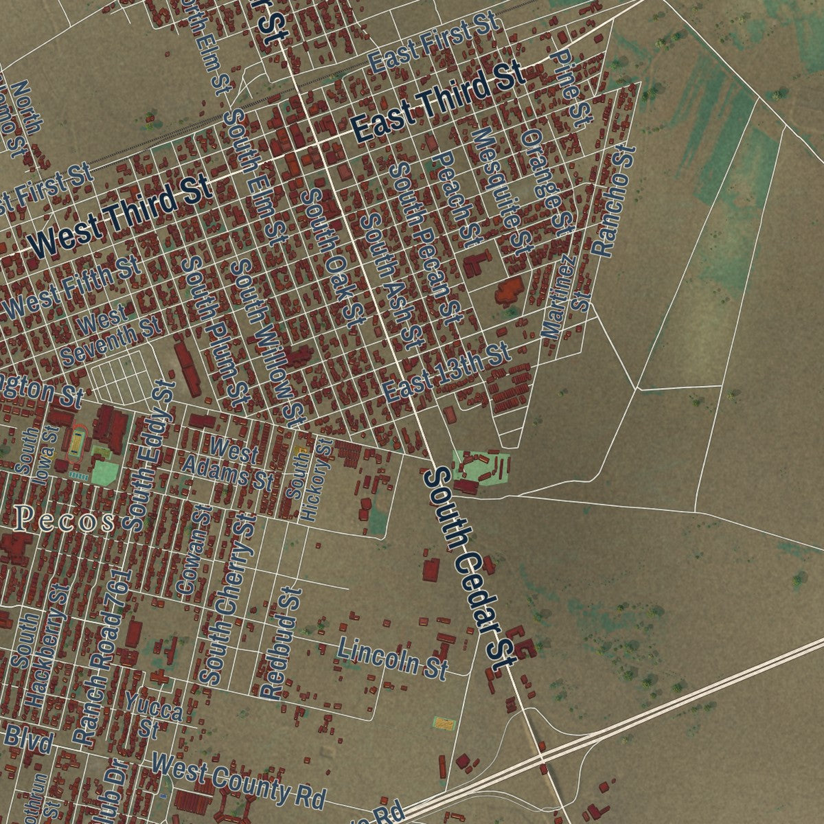 Close-up of the map of the Town of Pecos, Texas print showing street and building detail