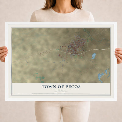 Map of the Town of Pecos, Texas, 18 x 24 inch print in a white wood frame
