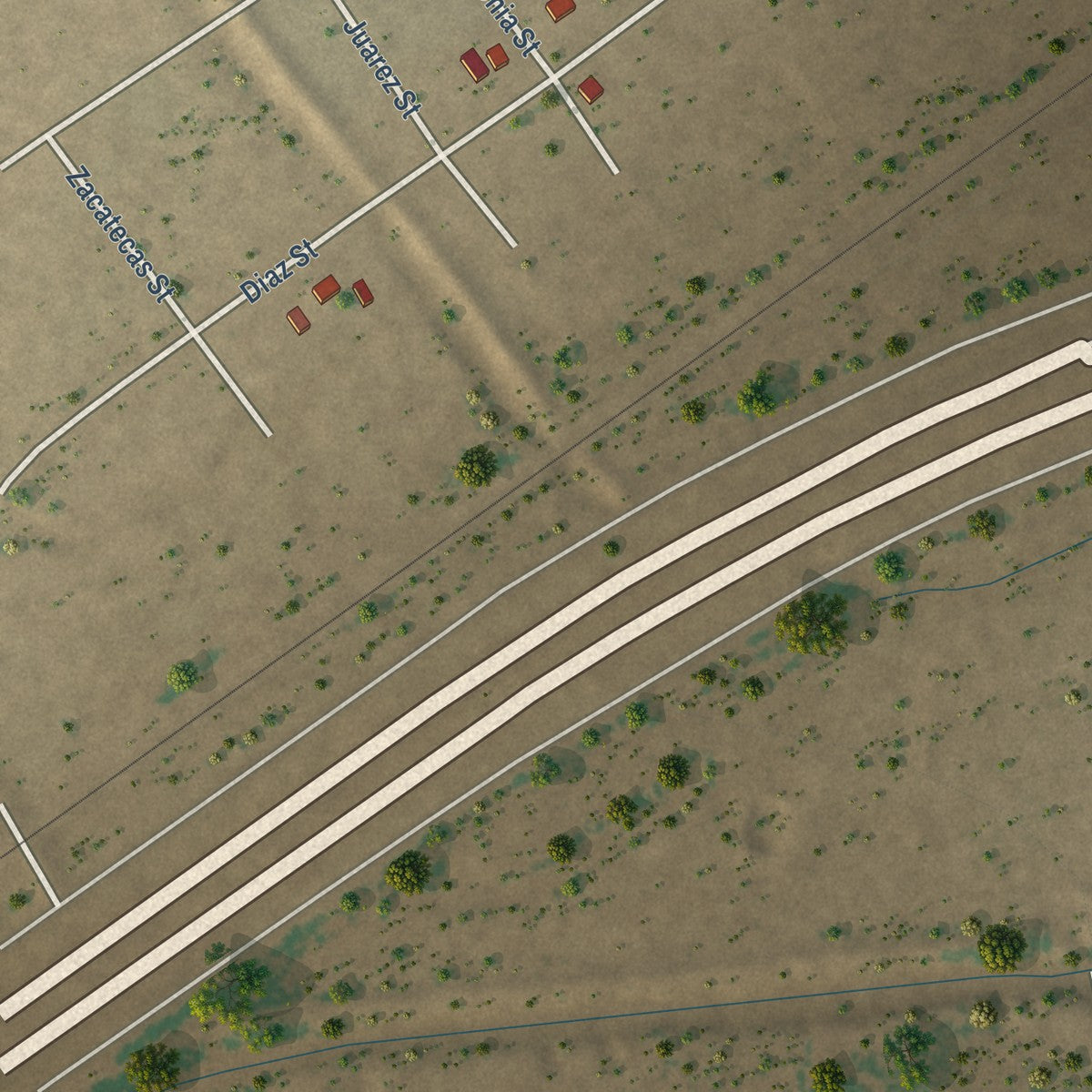 Second close-up of the map of Toyah, Texas print showing more streets and buildings