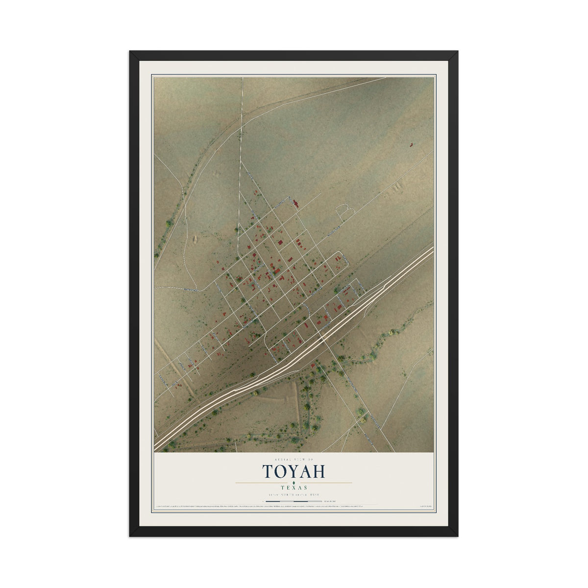 Map of Toyah, Texas, 12 x 18 inch print in a black wood frame