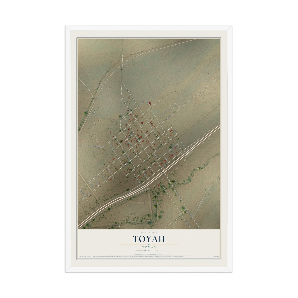 Map of Toyah, Texas, 12 x 18 inch print in a white wood frame