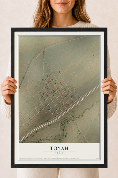 Map of Toyah, Texas, 18 x 24 inch print in a black wood frame