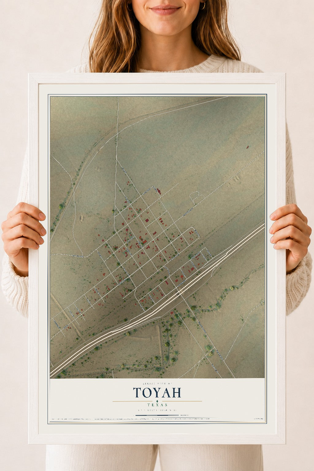 Map of Toyah, Texas, 18 x 24 inch print in a white wood frame