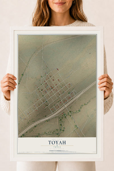 Map of Toyah, Texas, 18 x 24 inch print in a white wood frame