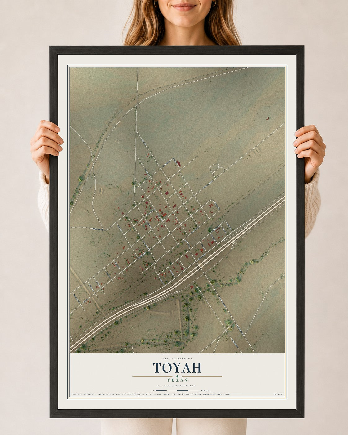 Map of Toyah, Texas, 24 x 36 inch print in a black wood frame