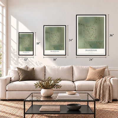 Tradewinds, Texas map in 12 x 18, 18 x 24 and 24 x 36 inch sizes above a sofa