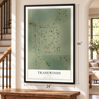 Tradewinds, Texas map, 24 x 36 inch print in a black frame by a staircase