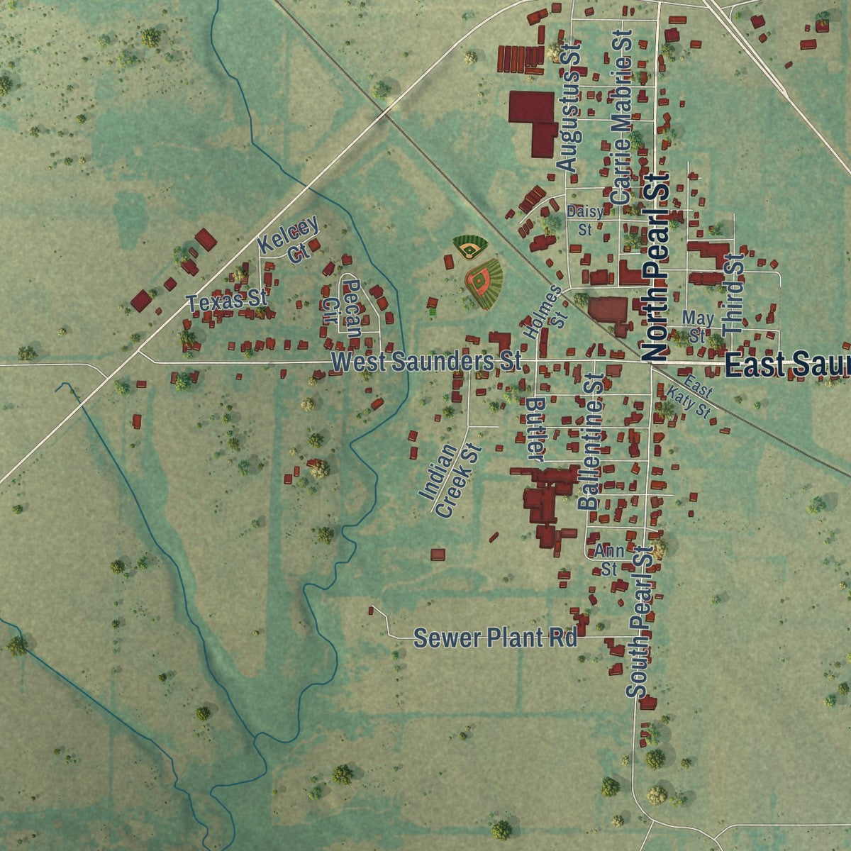 Close-up of the map of Trenton, Texas print showing street and building detail