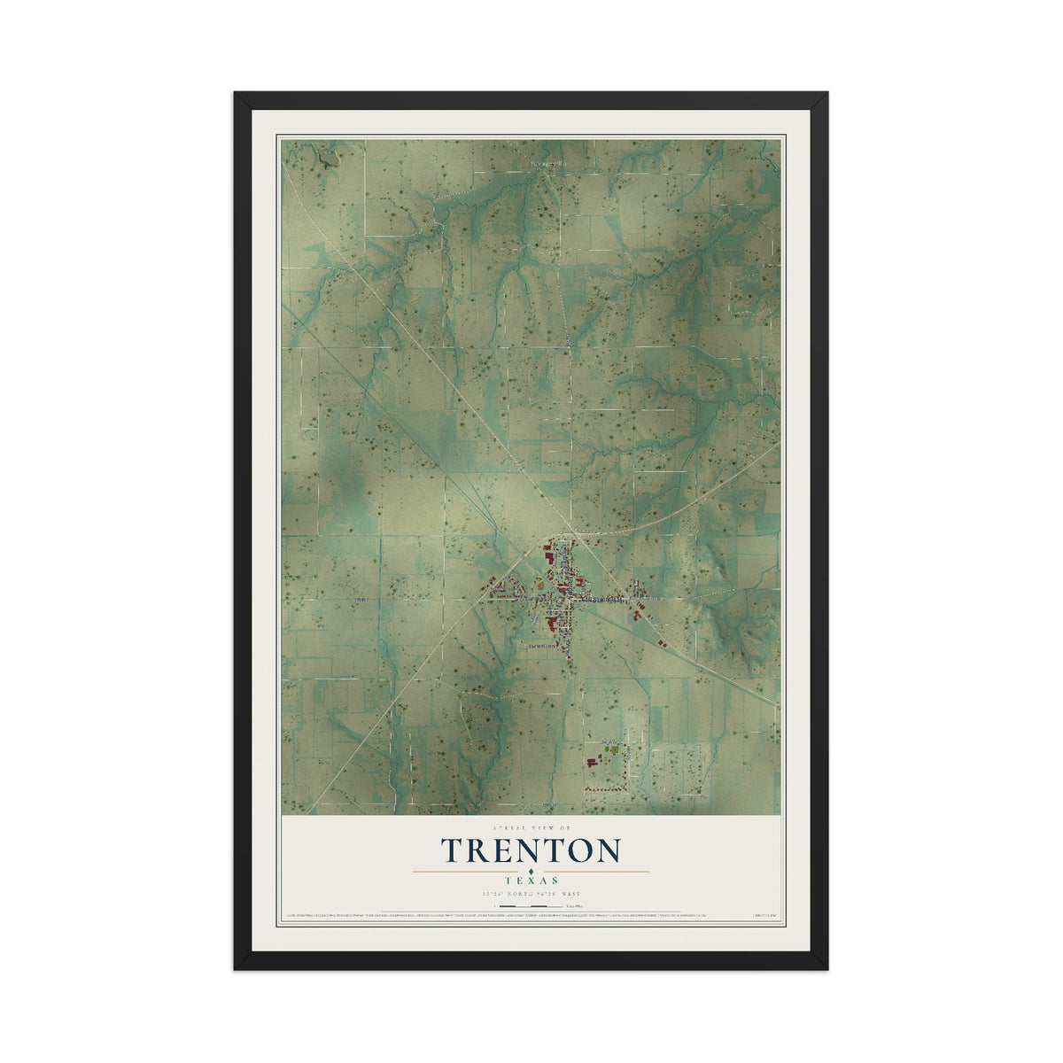 Map of Trenton, Texas, 12 x 18 inch print in a black wood frame