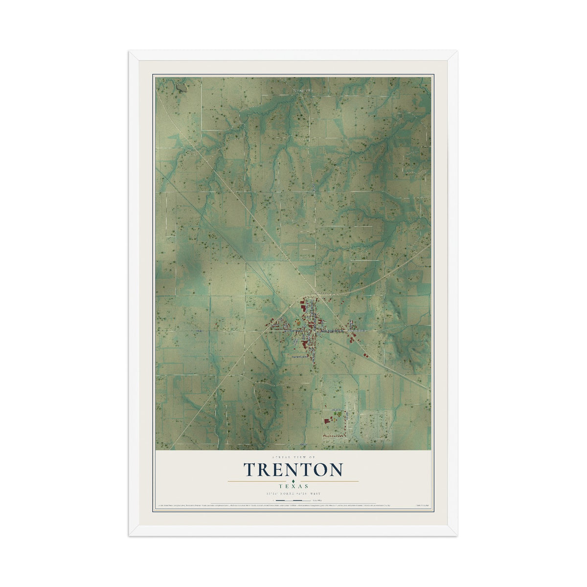 Map of Trenton, Texas, 12 x 18 inch print in a white wood frame