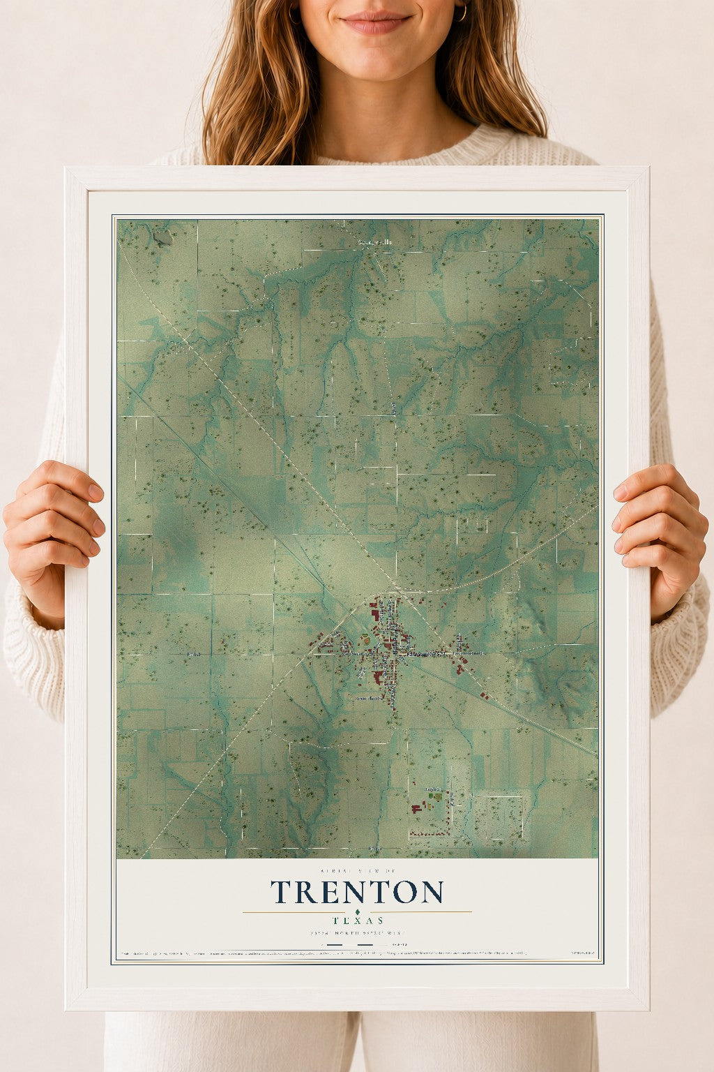 Map of Trenton, Texas, 18 x 24 inch print in a white wood frame