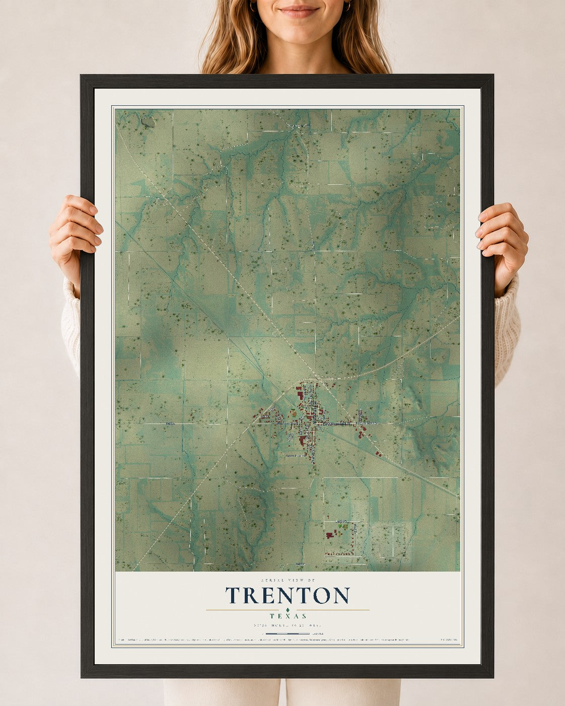Map of Trenton, Texas, 24 x 36 inch print in a black wood frame