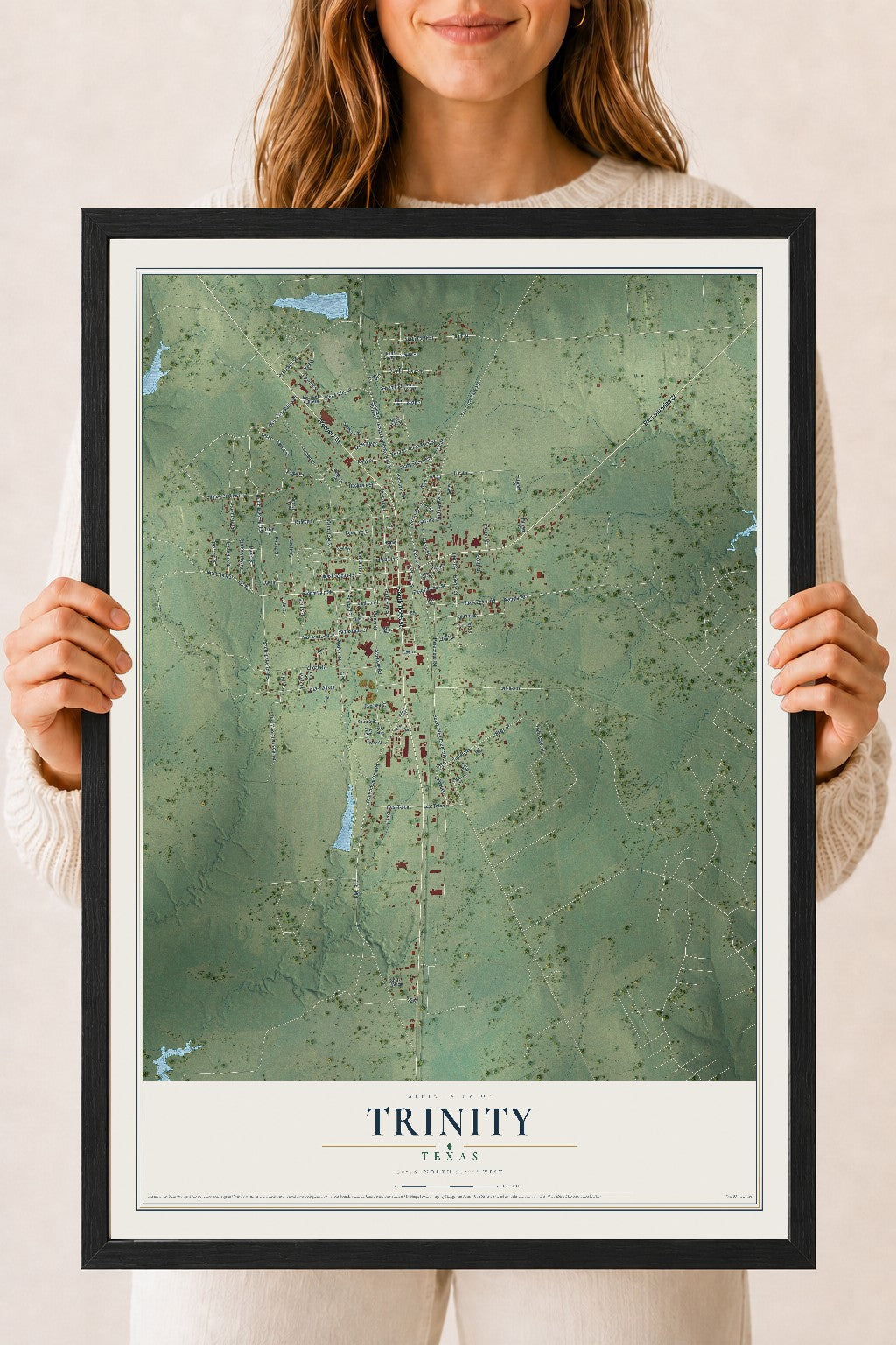 Map of Trinity, Texas, 18 x 24 inch print in a black wood frame