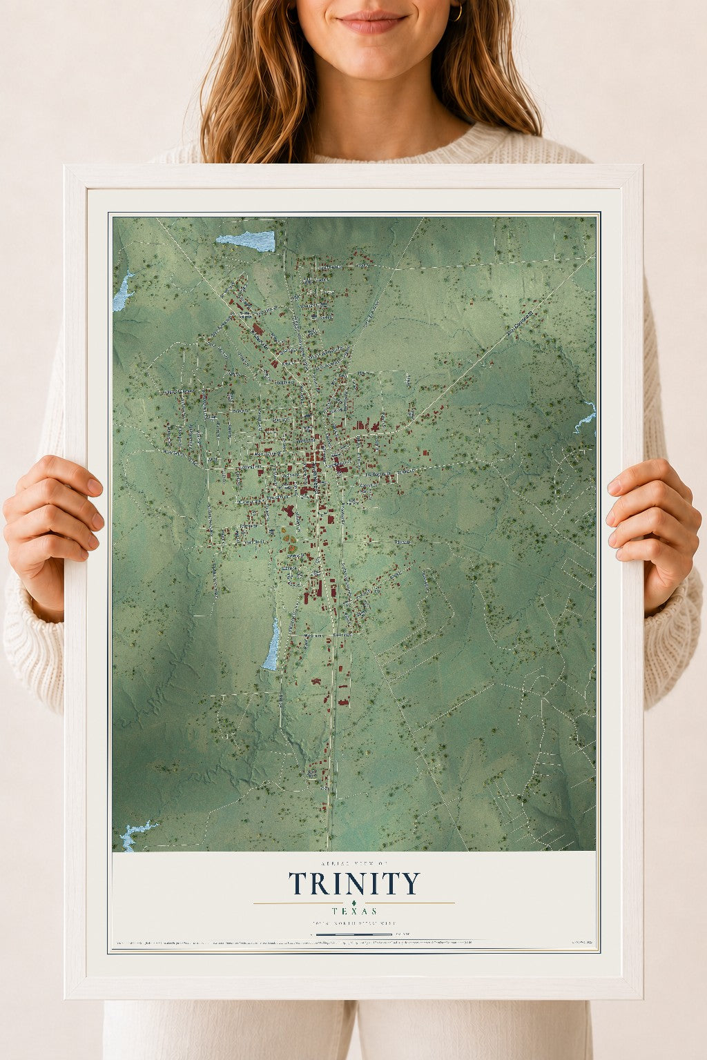 Map of Trinity, Texas, 18 x 24 inch print in a white wood frame