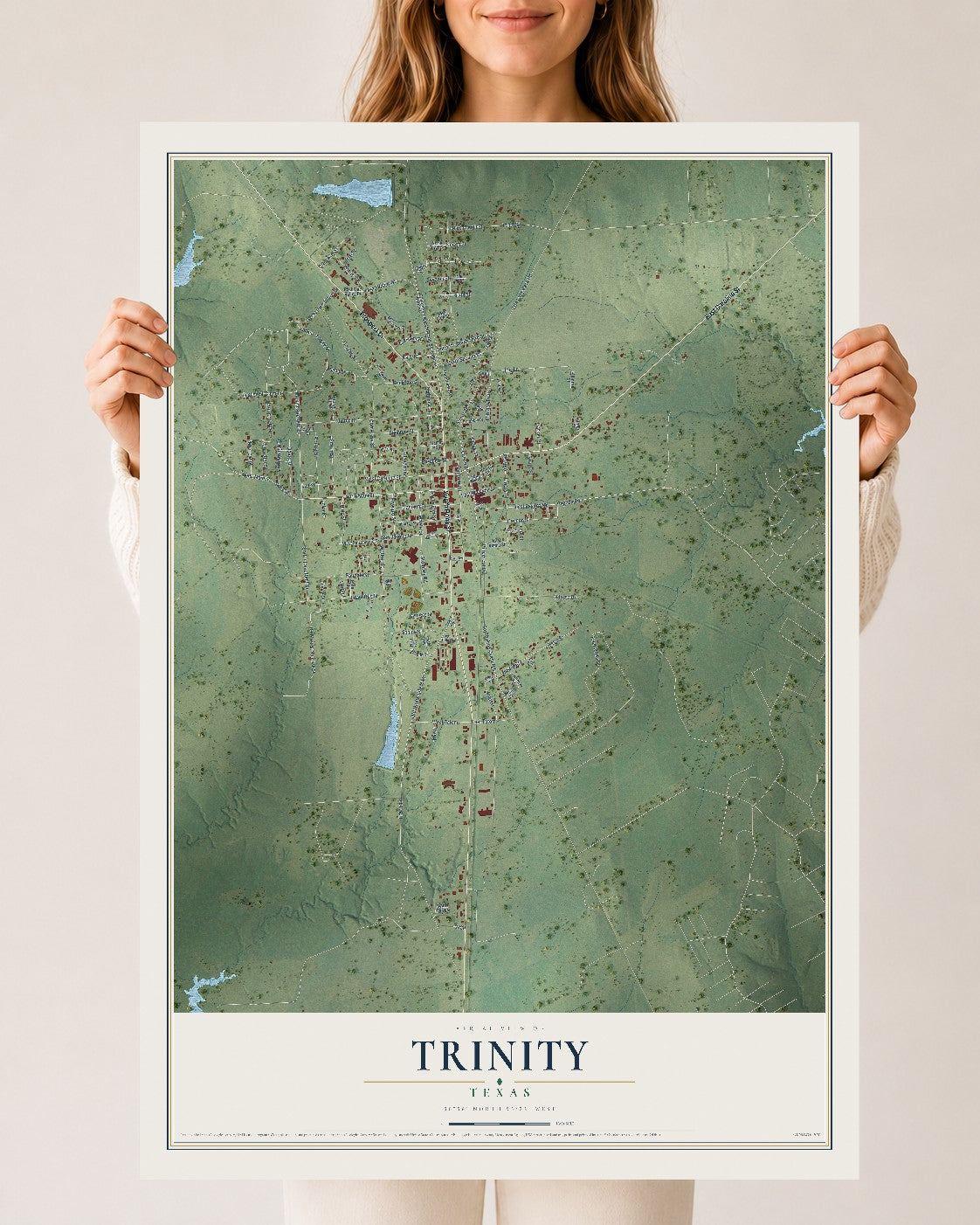 Map of Trinity, Texas, 24 x 36 inch unframed archival matte print