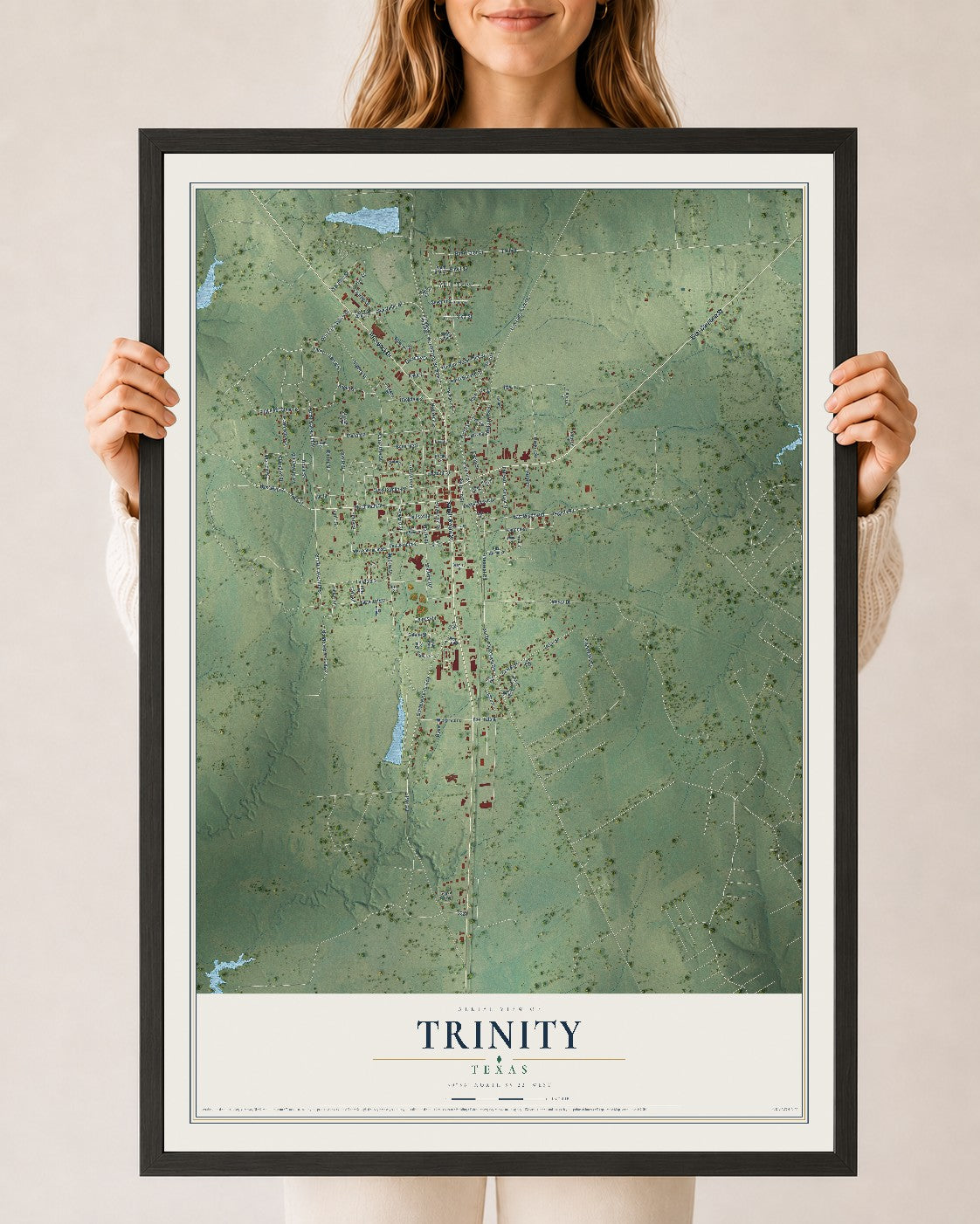 Map of Trinity, Texas, 24 x 36 inch print in a black wood frame