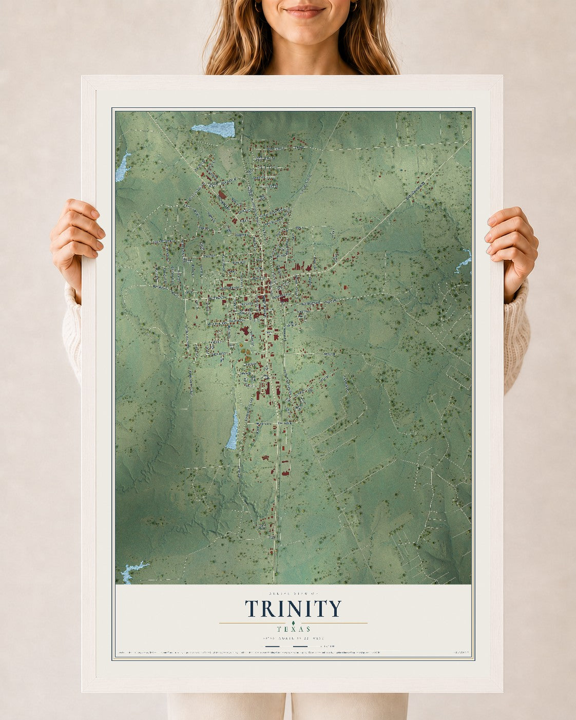 Map of Trinity, Texas, 24 x 36 inch print in a white wood frame