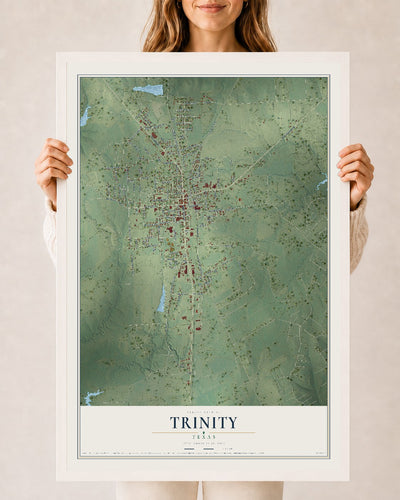Map of Trinity, Texas, 24 x 36 inch print in a white wood frame