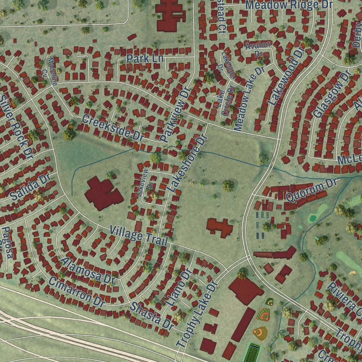 Close-up of the map of Trophy Club, Texas print showing street and building detail
