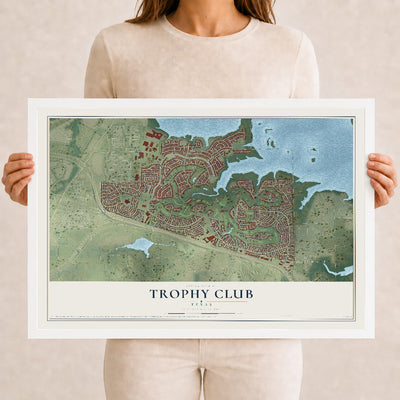 Map of Trophy Club, Texas, 12 x 18 inch print in a white wood frame