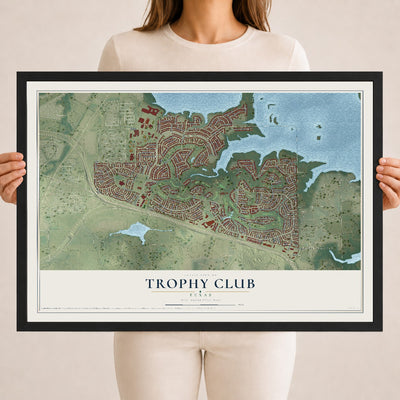 Map of Trophy Club, Texas, 18 x 24 inch print in a black wood frame