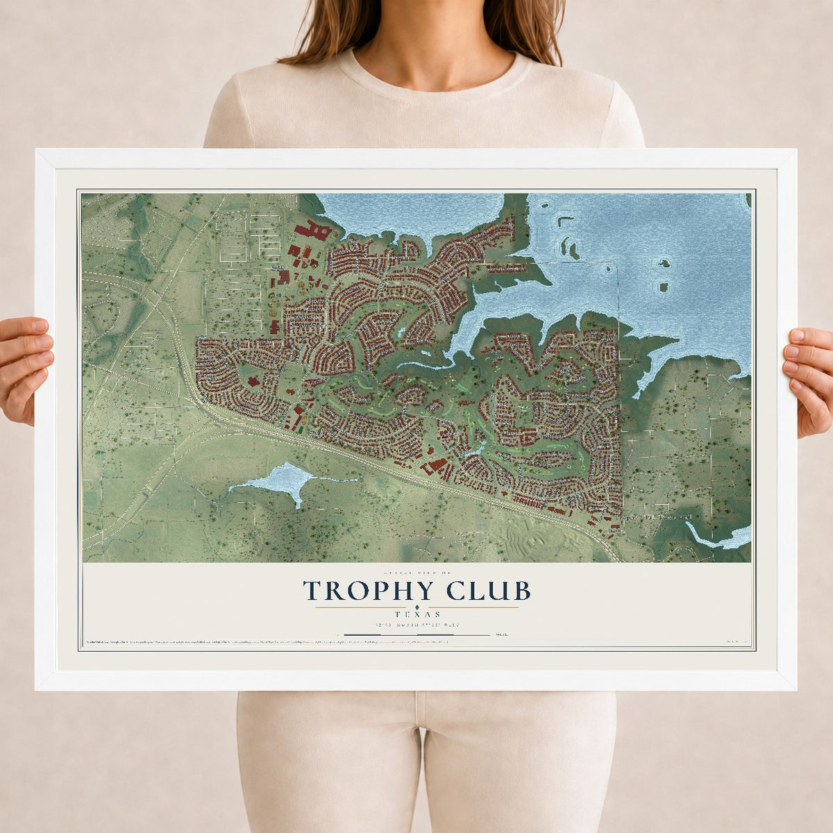 Map of Trophy Club, Texas, 18 x 24 inch print in a white wood frame