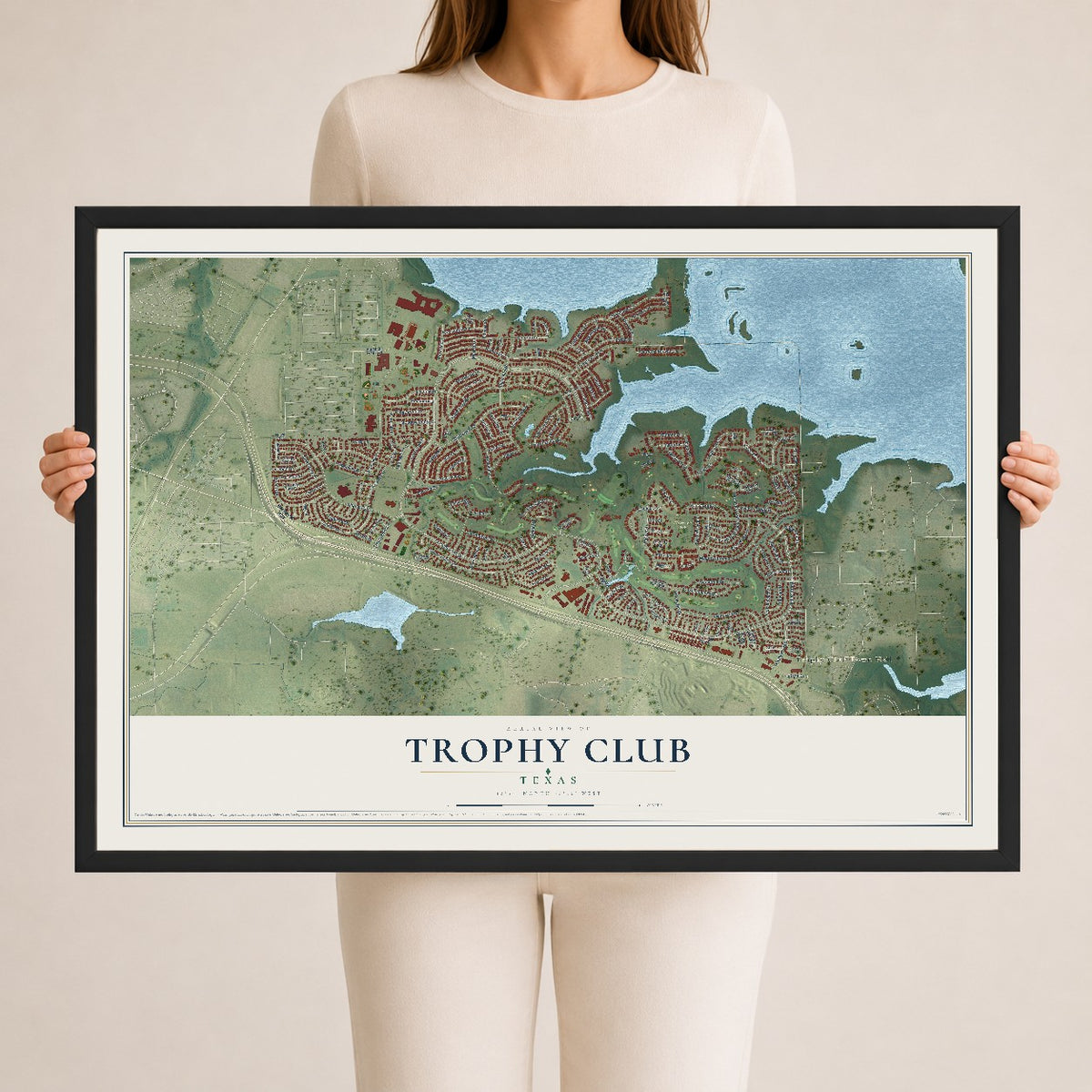 Map of Trophy Club, Texas, 24 x 36 inch print in a black wood frame
