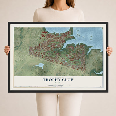 Map of Trophy Club, Texas, 24 x 36 inch print in a black wood frame