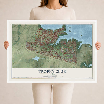 Map of Trophy Club, Texas, 24 x 36 inch print in a white wood frame