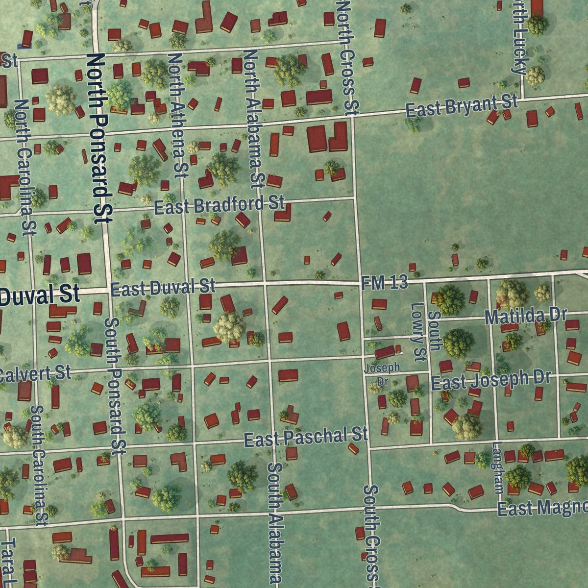 Close-up of the map of Troup, Texas print showing street and building detail