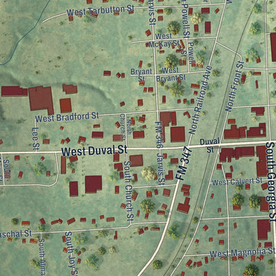 Second close-up of the map of Troup, Texas print showing more streets and buildings
