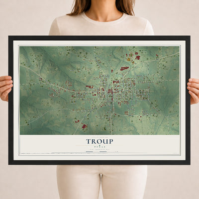 Map of Troup, Texas, 18 x 24 inch print in a black wood frame